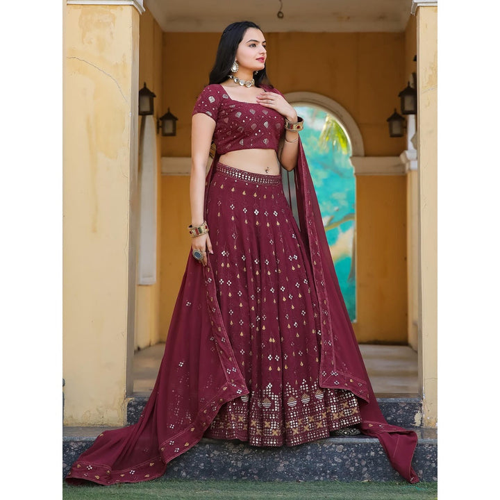 Odette Maroon Semi Stitched Lehenga with Unstitched Blouse and Dupatta (Set of 3)