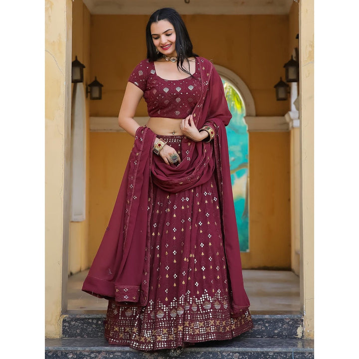 Odette Maroon Semi Stitched Lehenga with Unstitched Blouse and Dupatta (Set of 3)