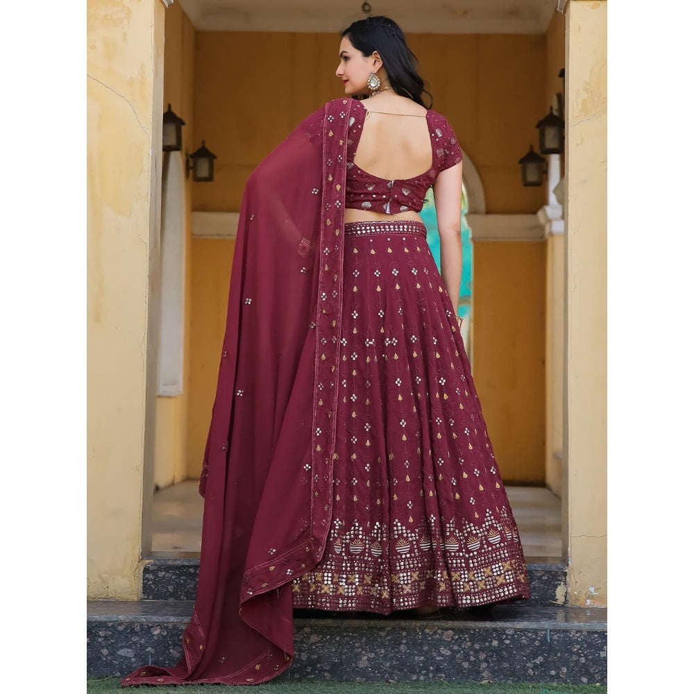 Odette Maroon Semi Stitched Lehenga with Unstitched Blouse and Dupatta (Set of 3)