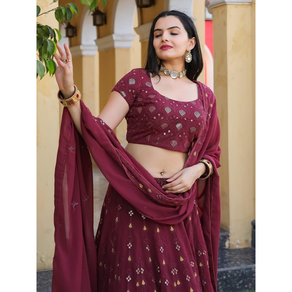 Odette Maroon Semi Stitched Lehenga with Unstitched Blouse and Dupatta (Set of 3)