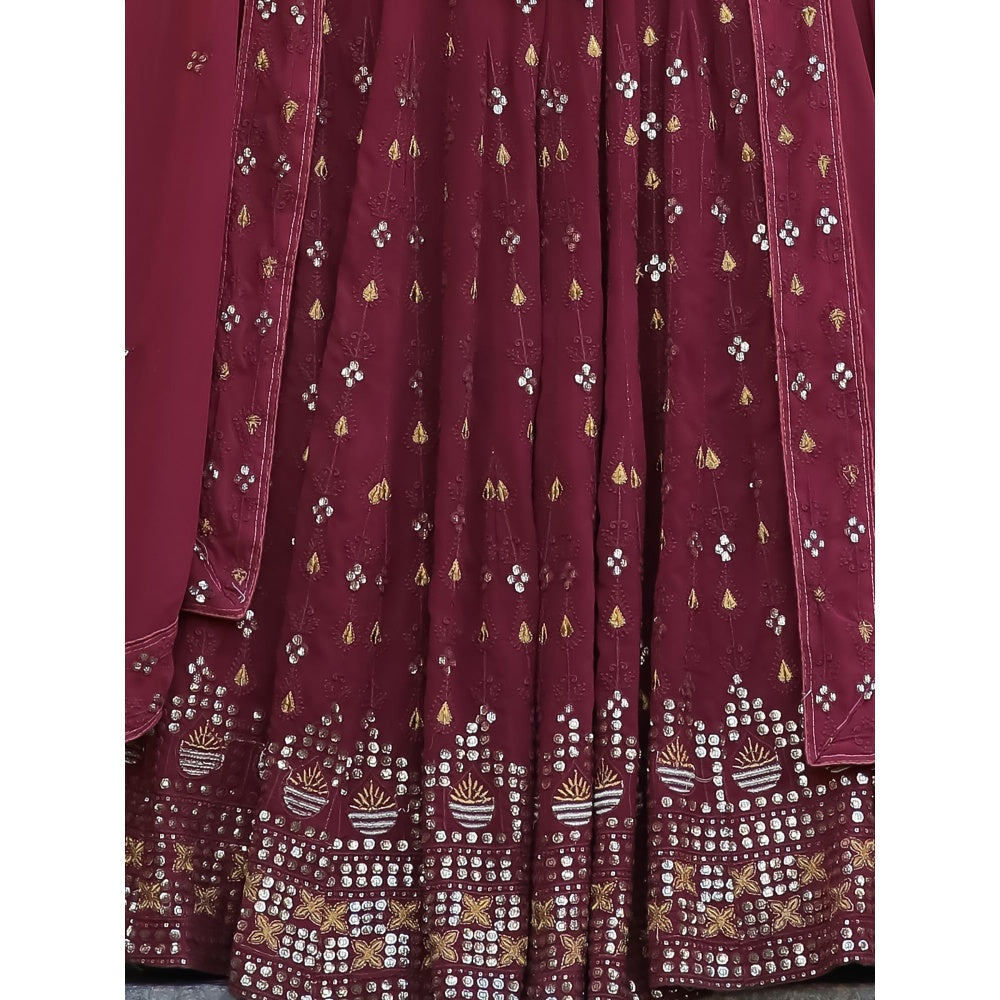 Odette Maroon Semi Stitched Lehenga with Unstitched Blouse and Dupatta (Set of 3)