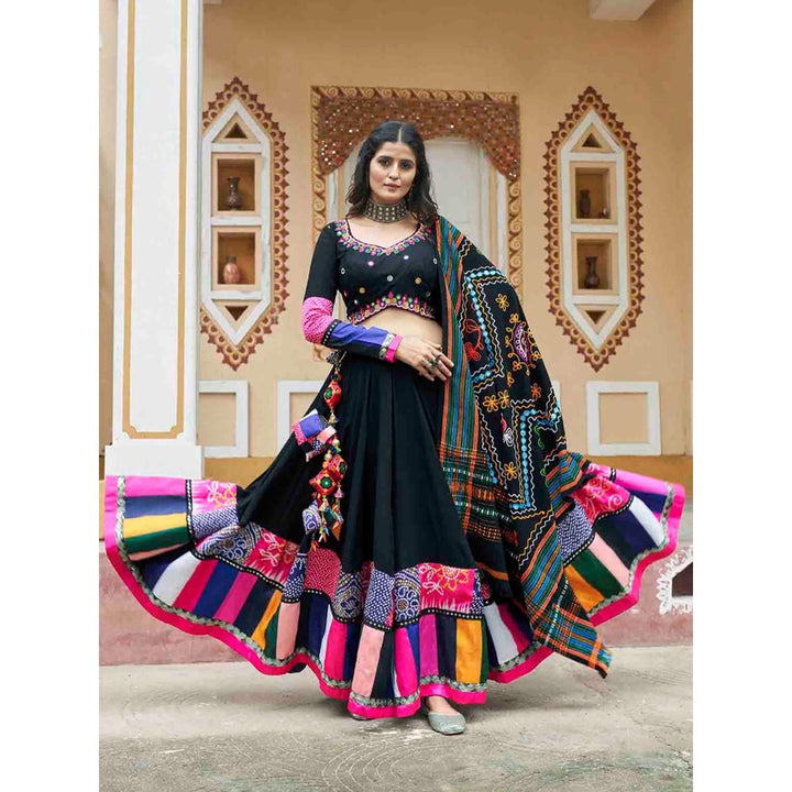 Odette Black Rayon Printed Stitched Lehenga with Blouse and Dupatta (Set of 3)