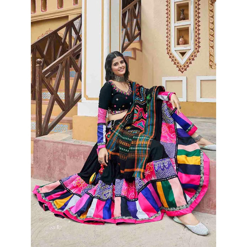 Odette Black Rayon Printed Stitched Lehenga with Blouse and Dupatta (Set of 3)