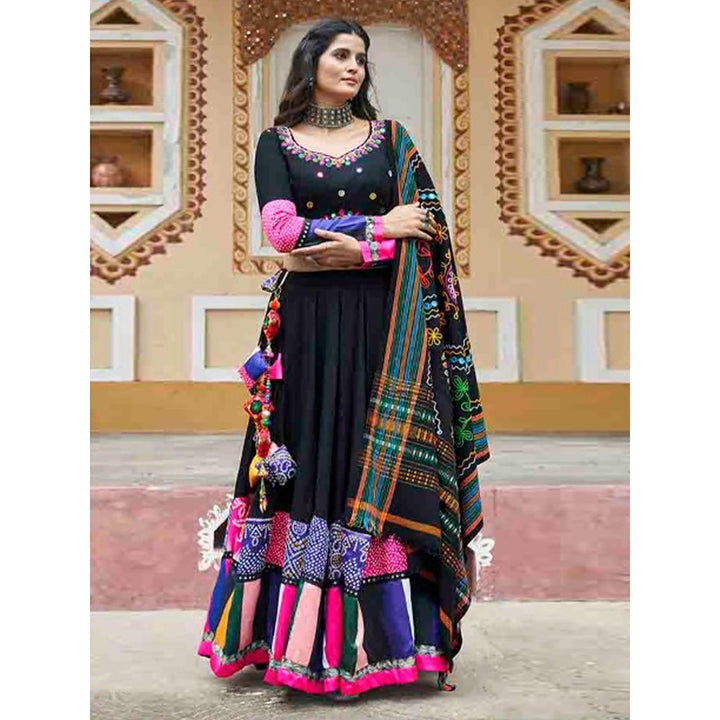 Odette Black Rayon Printed Stitched Lehenga with Blouse and Dupatta (Set of 3)