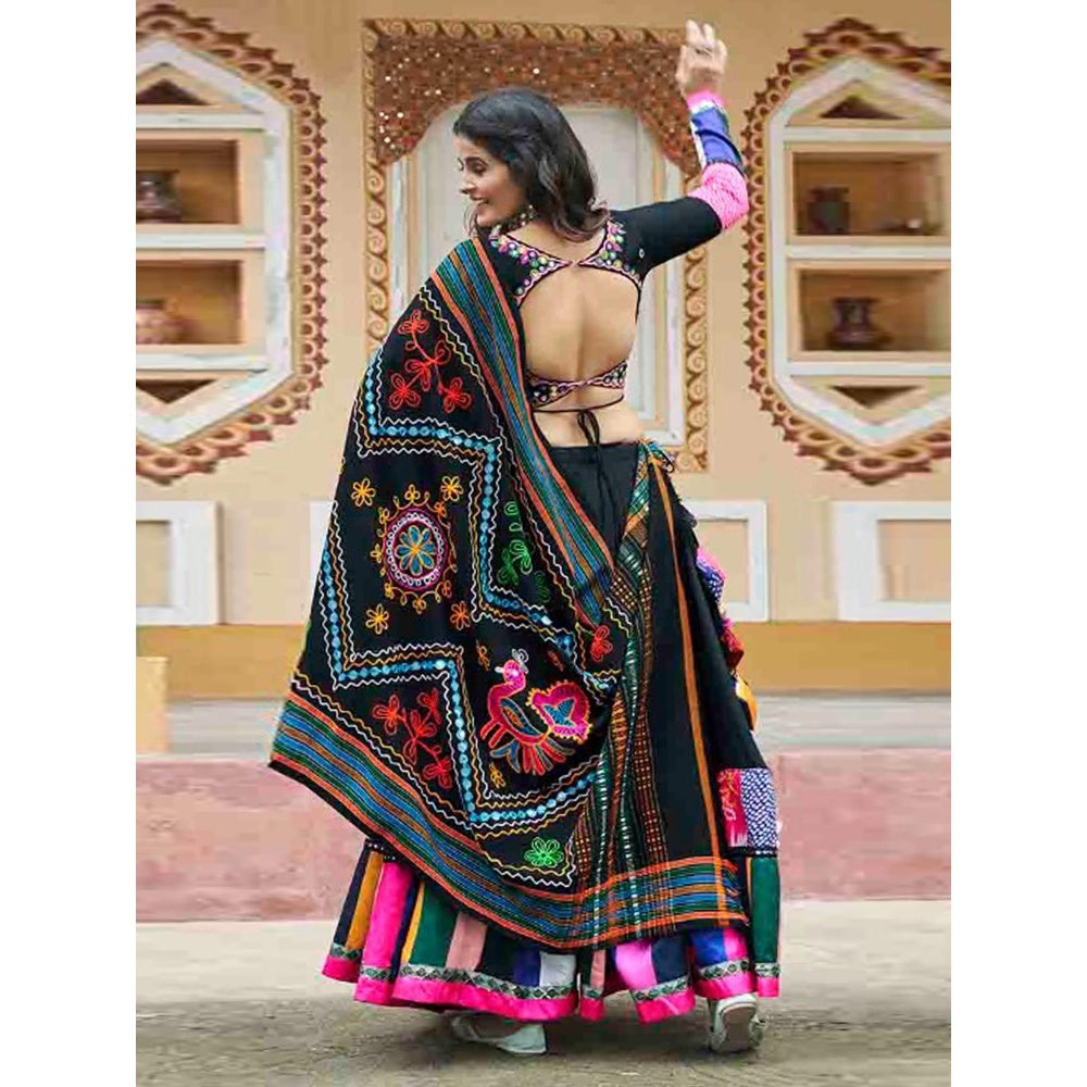 Odette Black Rayon Printed Stitched Lehenga with Blouse and Dupatta (Set of 3)