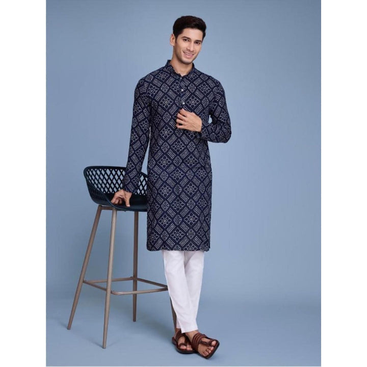 Odette Navy Blue Rayon Printed Stitched Kurta