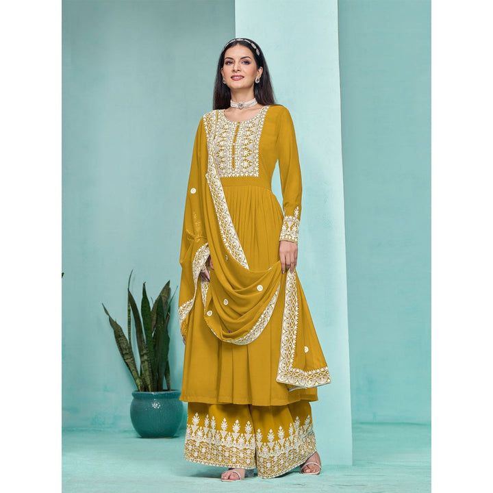 Odette Yellow Georgette Embroidered Semi Stitched Kurta Pant with Dupatta (Set of 3)