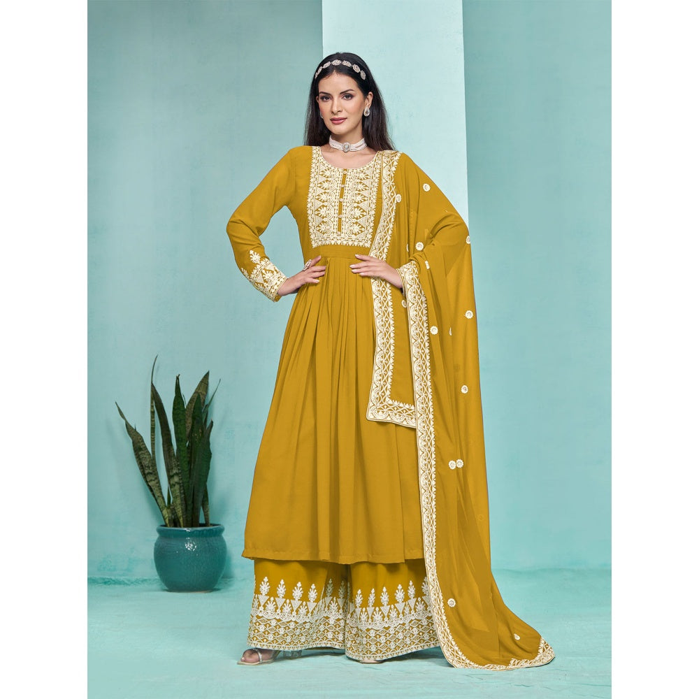 Odette Yellow Georgette Embroidered Semi Stitched Kurta Pant with Dupatta (Set of 3)