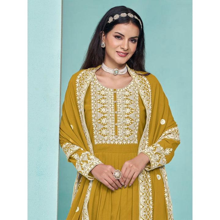 Odette Yellow Georgette Embroidered Semi Stitched Kurta Pant with Dupatta (Set of 3)