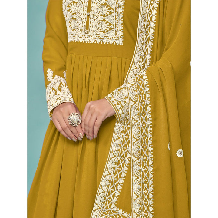 Odette Yellow Georgette Embroidered Semi Stitched Kurta Pant with Dupatta (Set of 3)