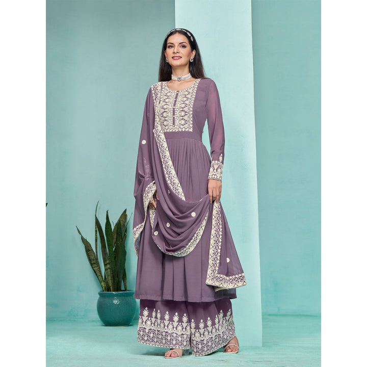 Odette Purple Georgette Embroidered Semi Stitched Kurta Pant with Dupatta (Set of 3)