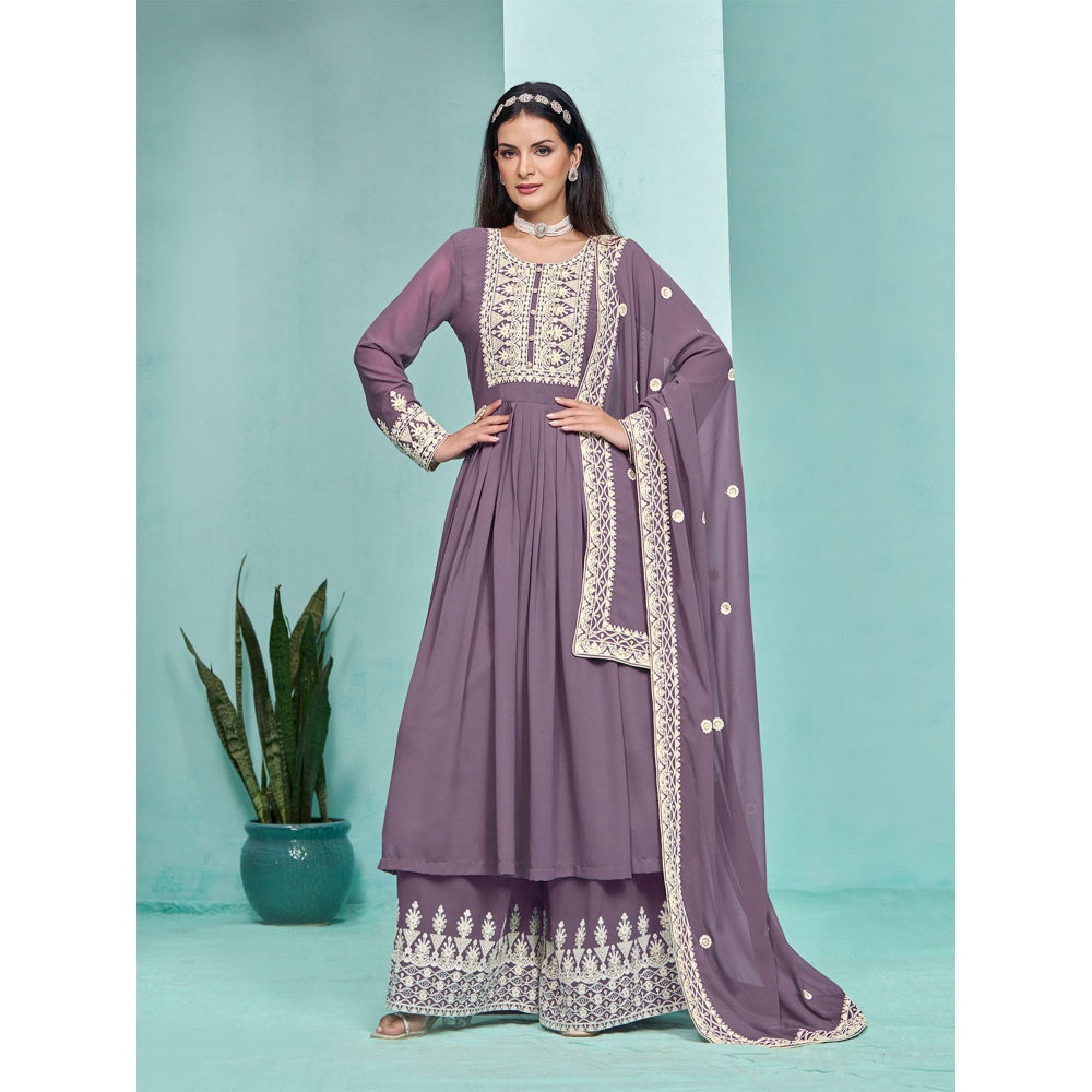 Odette Purple Georgette Embroidered Semi Stitched Kurta Pant with Dupatta (Set of 3)