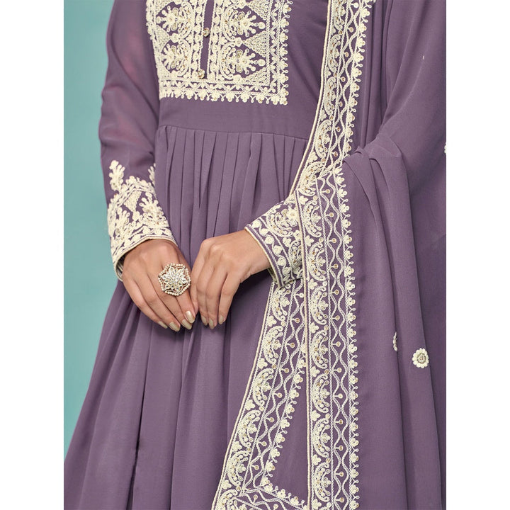 Odette Purple Georgette Embroidered Semi Stitched Kurta Pant with Dupatta (Set of 3)