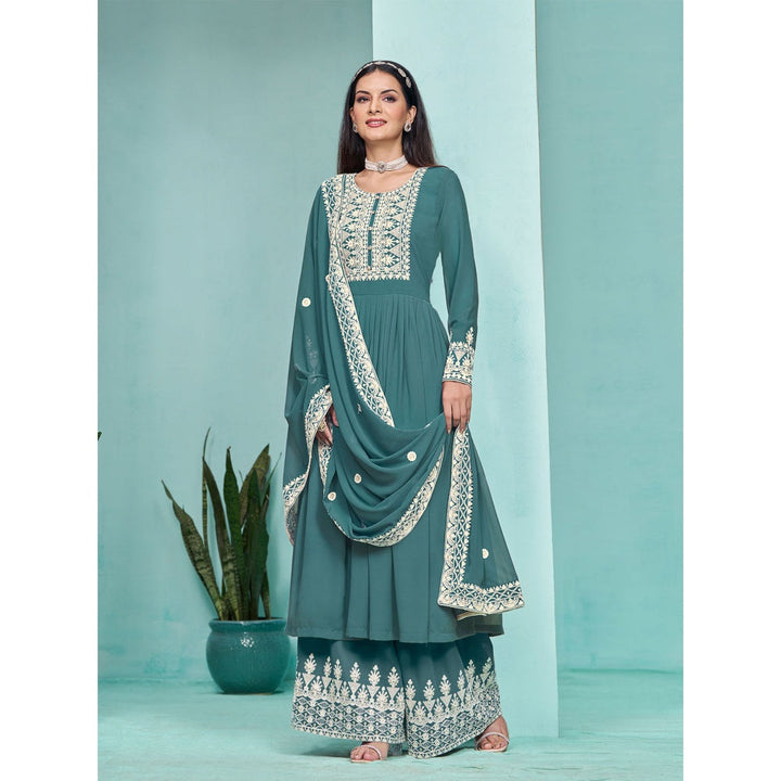 Odette Teal Georgette Embroidered Semi Stitched Kurta Pant with Dupatta (Set of 3)