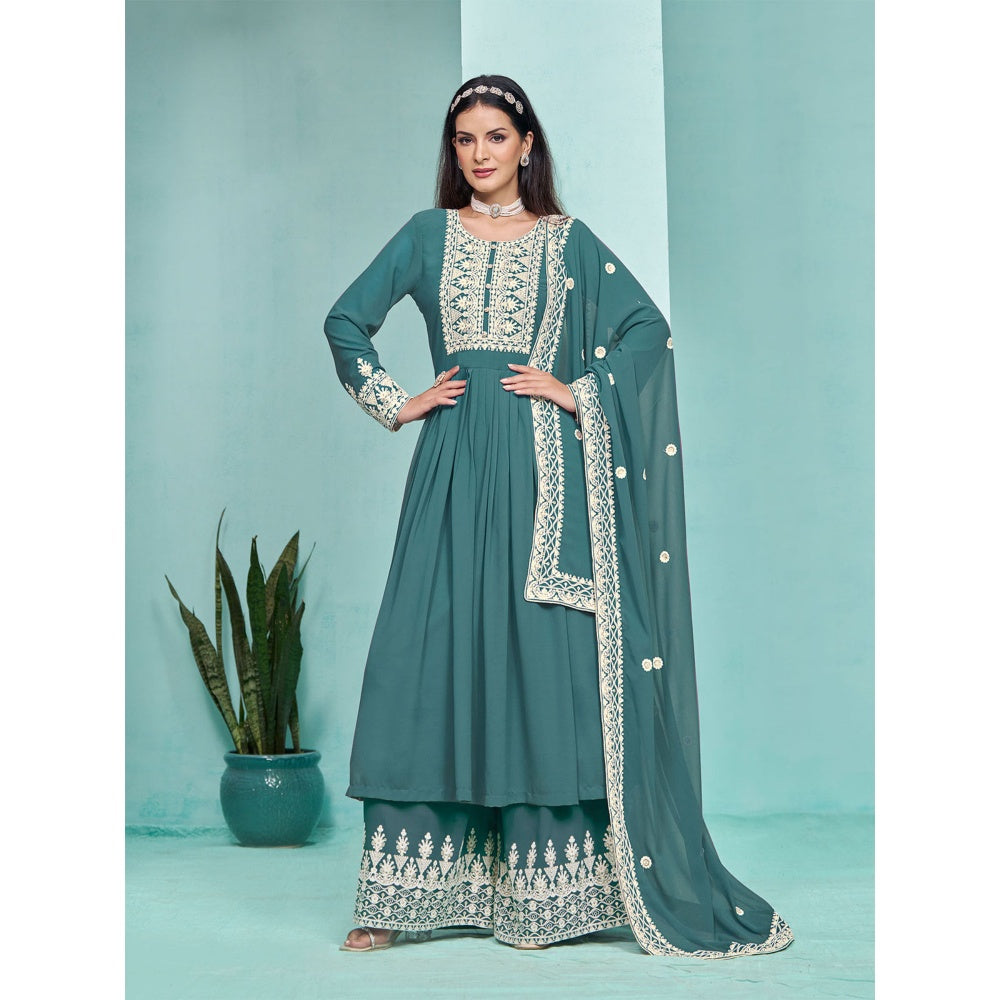 Odette Teal Georgette Embroidered Semi Stitched Kurta Pant with Dupatta (Set of 3)