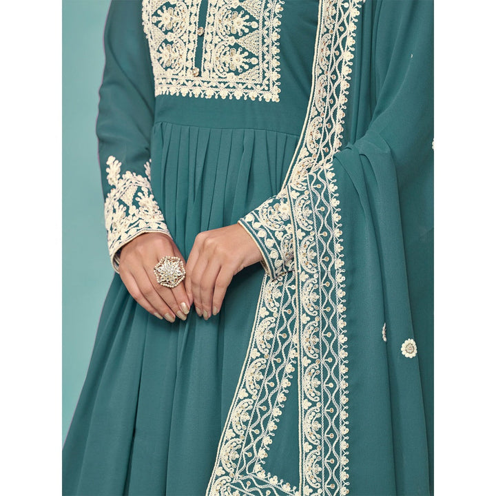 Odette Teal Georgette Embroidered Semi Stitched Kurta Pant with Dupatta (Set of 3)