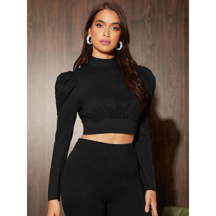 Odette Black Polyster Solid Crop Top for Women