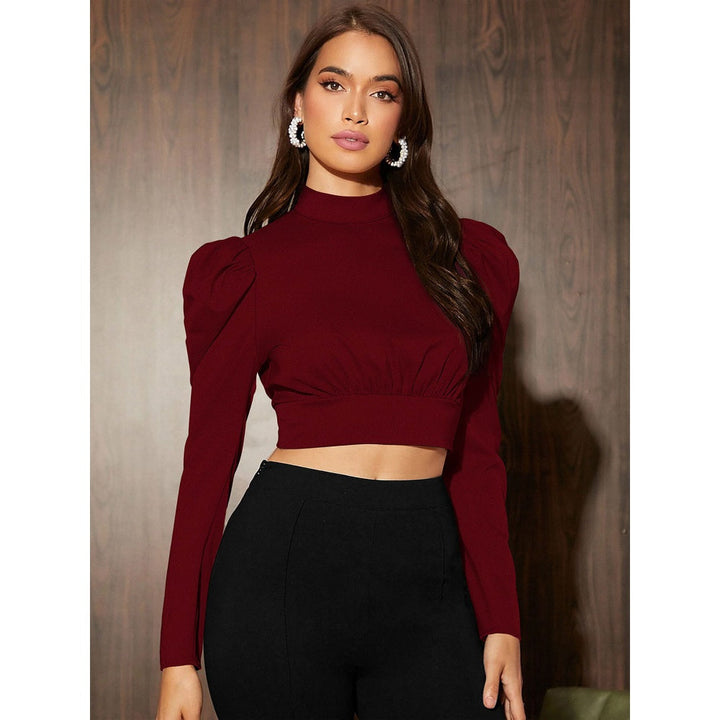 Odette Maroon Polyster Solid Crop Top for Women