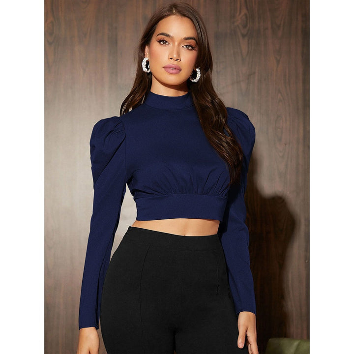 Odette Blue Polyster Solid Crop Top for Women