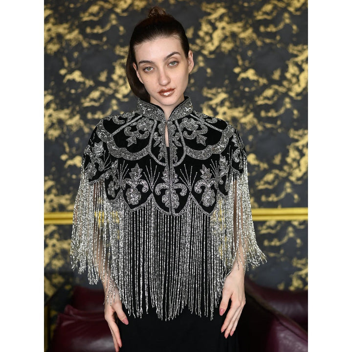 Odette Black and Silver Tasseled Velvet Cape for Women