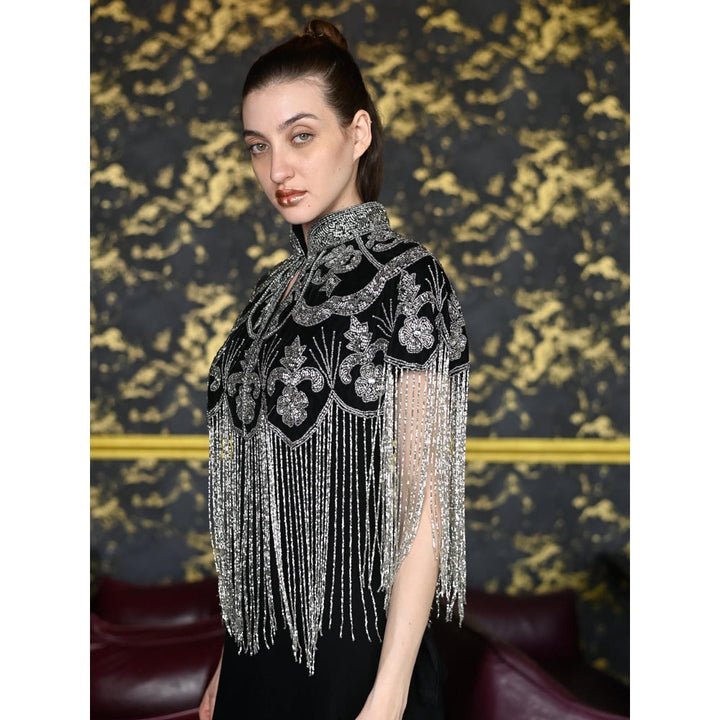 Odette Black and Silver Tasseled Velvet Cape for Women