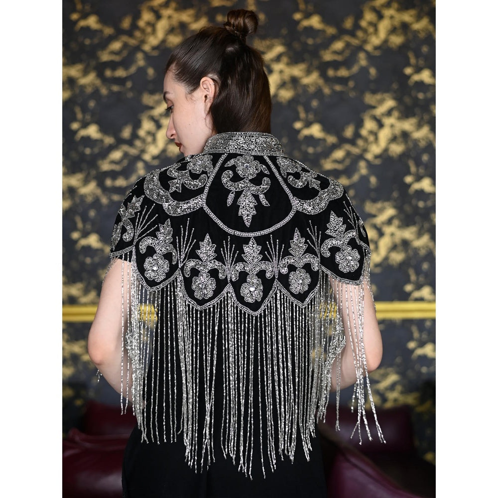 Odette Black and Silver Tasseled Velvet Cape for Women