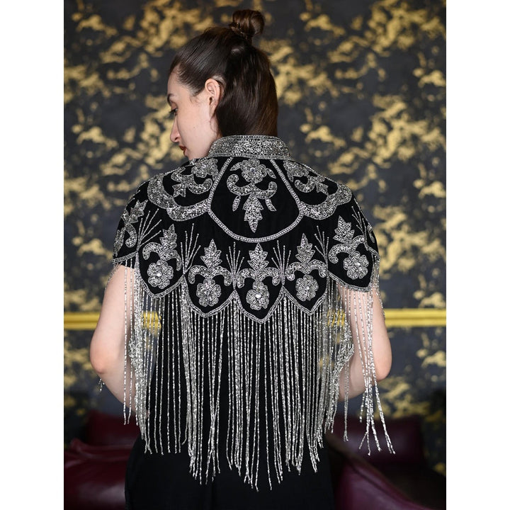 Odette Black and Silver Tasseled Velvet Cape for Women