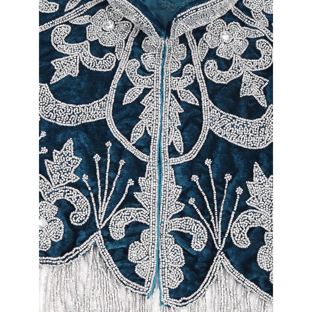 Odette Teal and Silver Tasseled Velvet Cape for Women