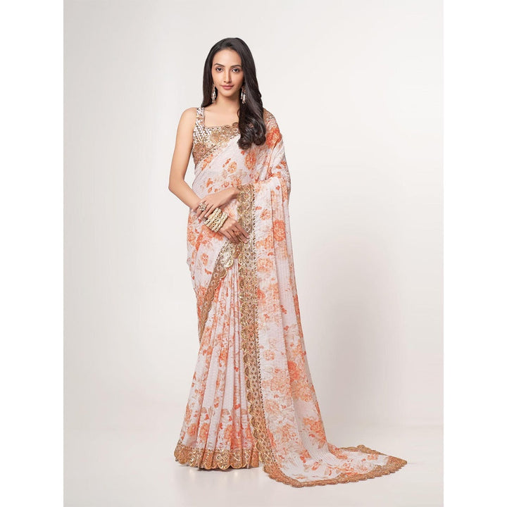 Odette White Printed Organza Saree for Women with Unstitched Blouse