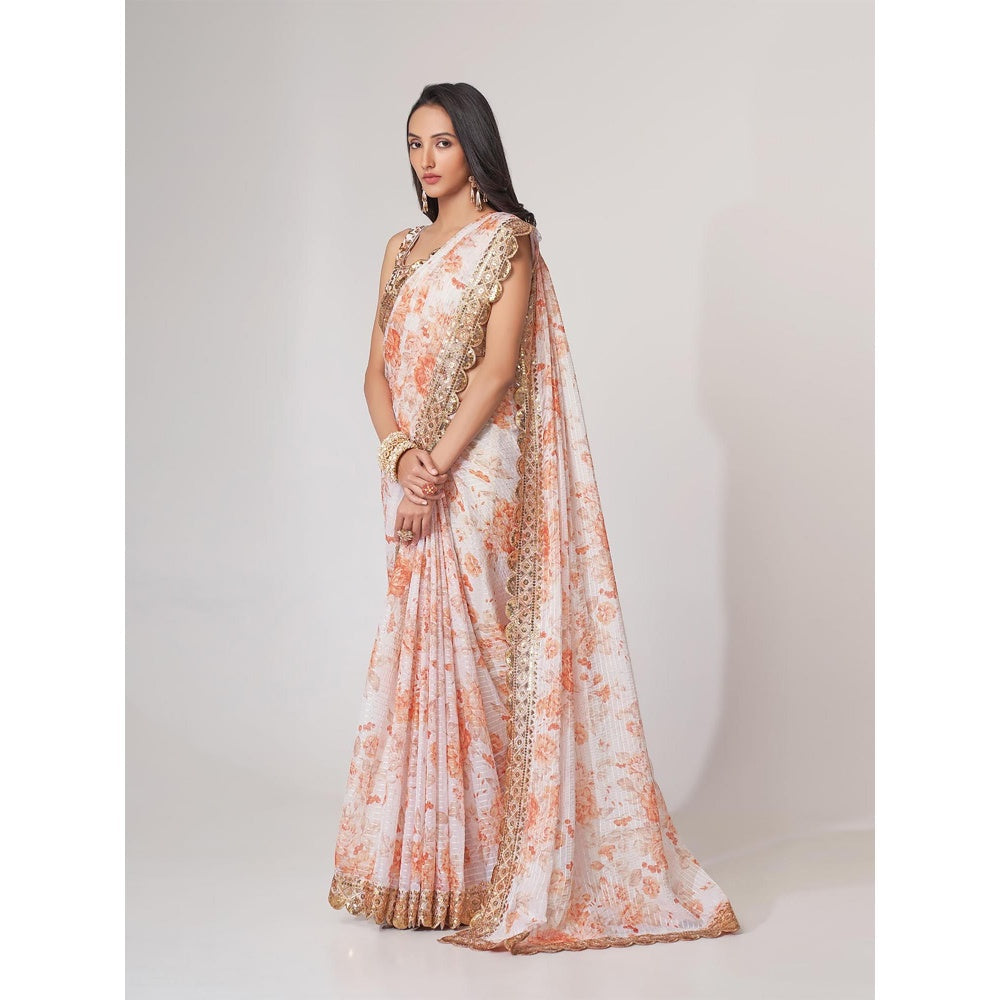 Odette White Printed Organza Saree for Women with Unstitched Blouse