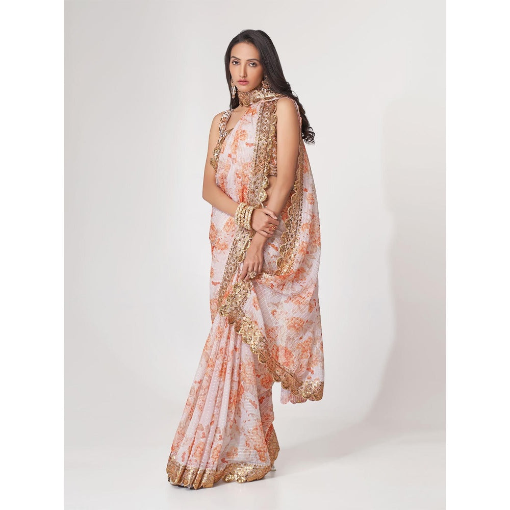 Odette White Printed Organza Saree for Women with Unstitched Blouse