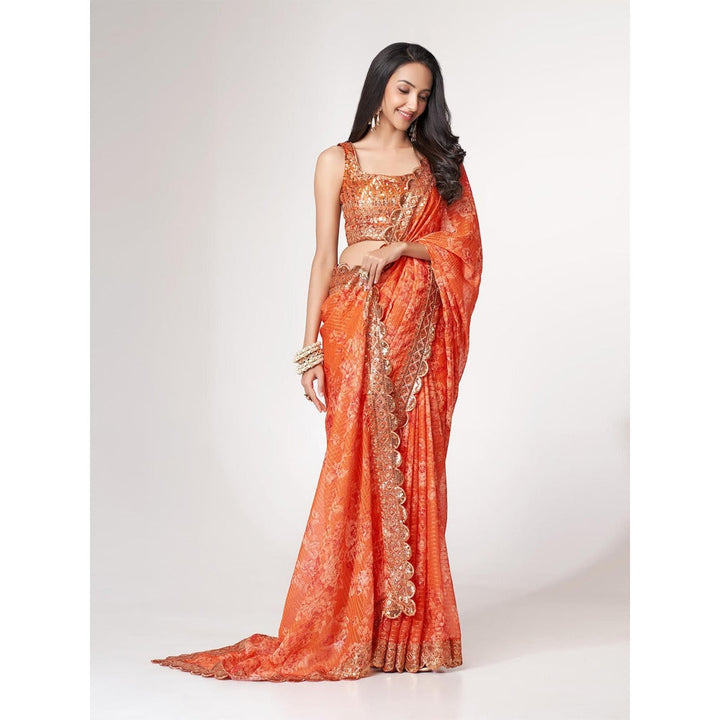 Odette Orange Printed Organza Saree for Women with Unstitched Blouse