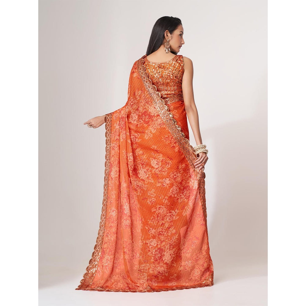 Odette Orange Printed Organza Saree for Women with Unstitched Blouse