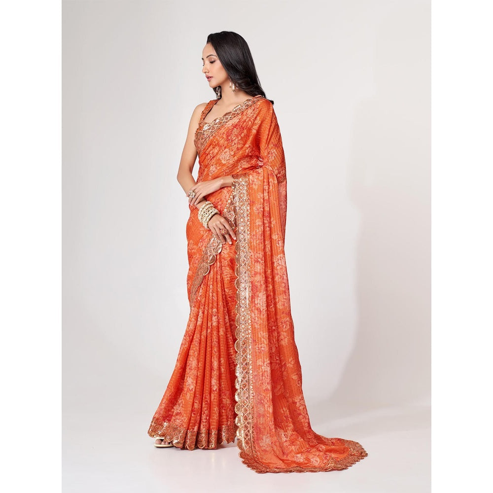 Odette Orange Printed Organza Saree for Women with Unstitched Blouse