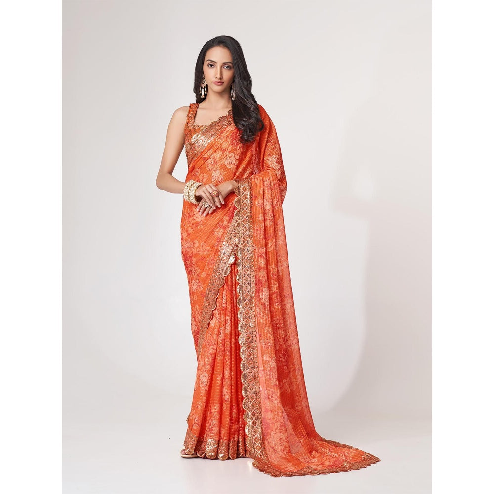 Odette Orange Printed Organza Saree for Women with Unstitched Blouse