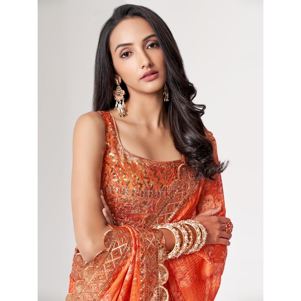 Odette Orange Printed Organza Saree for Women with Unstitched Blouse