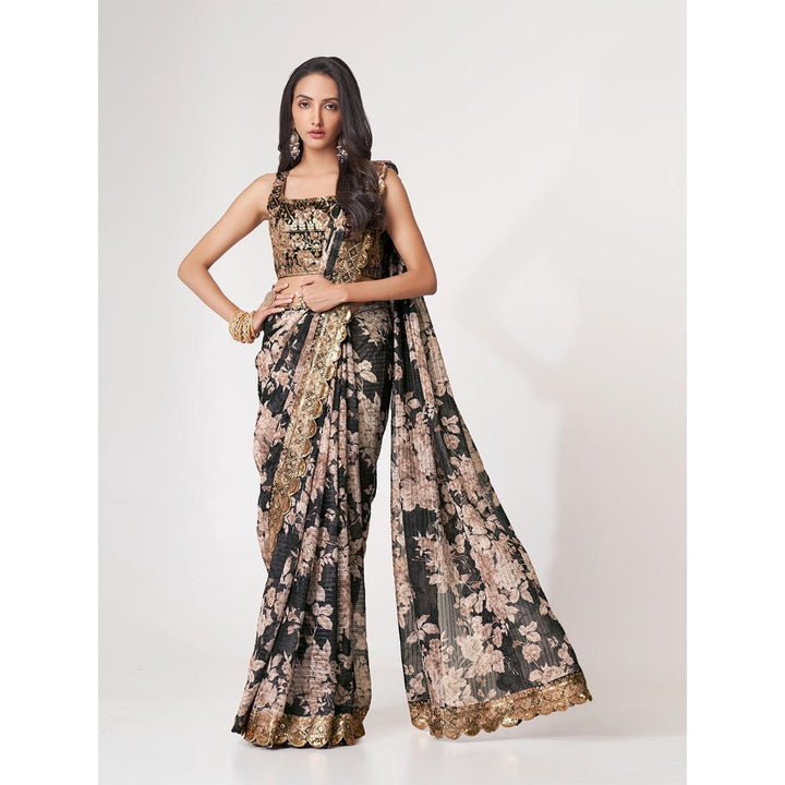 Odette Black Printed Organza Saree for Women with Unstitched Blouse