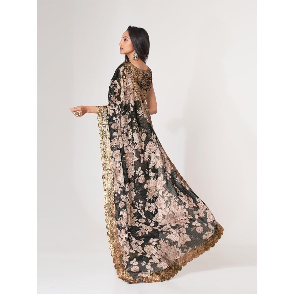 Odette Black Printed Organza Saree for Women with Unstitched Blouse