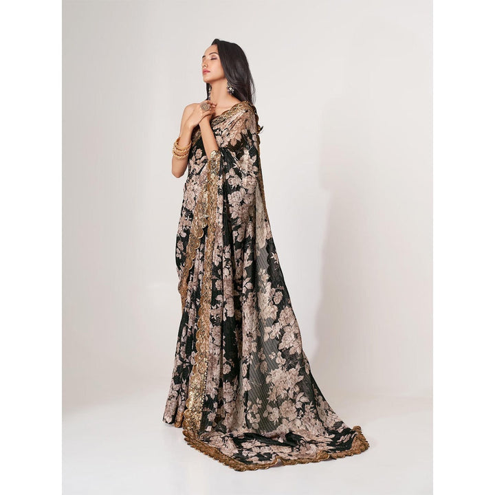 Odette Black Printed Organza Saree for Women with Unstitched Blouse