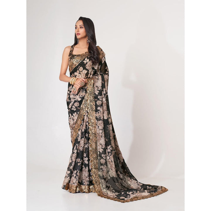 Odette Black Printed Organza Saree for Women with Unstitched Blouse