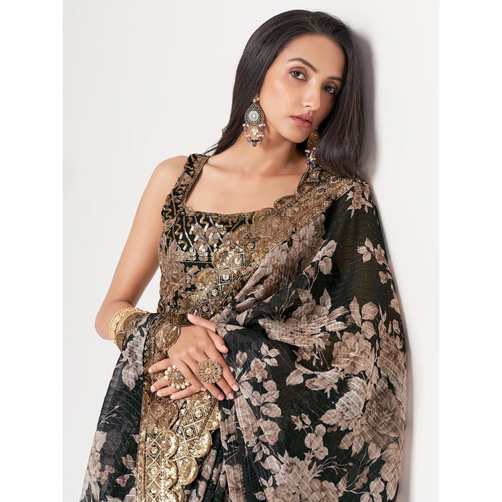 Odette Black Printed Organza Saree for Women with Unstitched Blouse