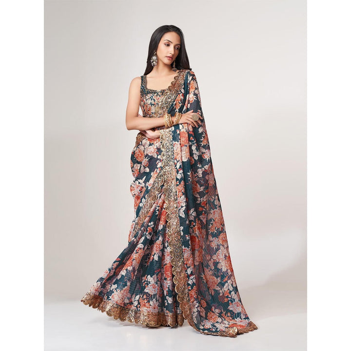 Odette Blue Printed Organza Saree for Women with Unstitched Blouse