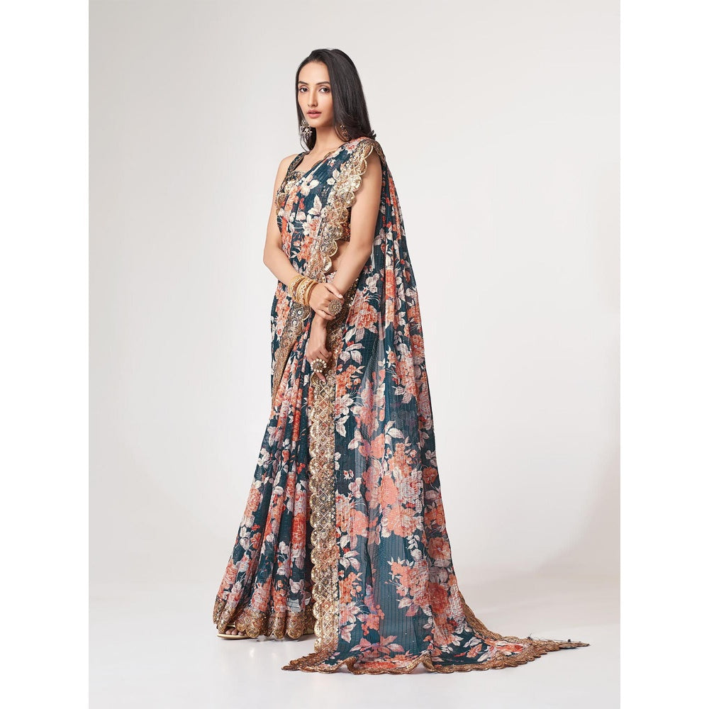 Odette Blue Printed Organza Saree for Women with Unstitched Blouse