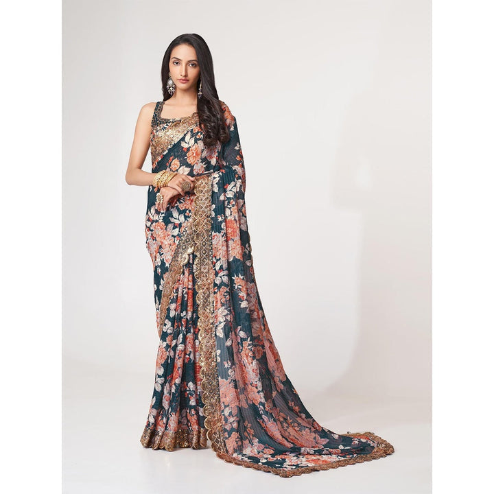 Odette Blue Printed Organza Saree for Women with Unstitched Blouse