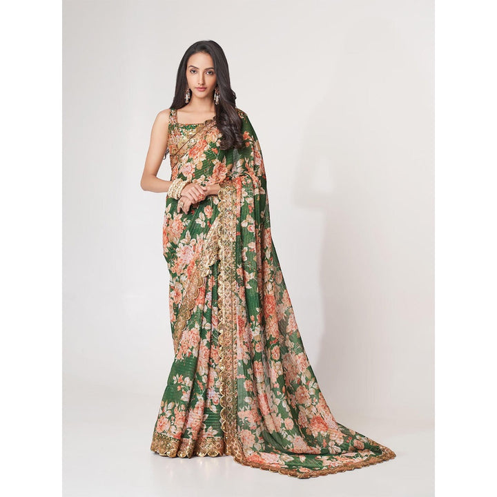 Odette Green Printed Organza Saree for Women with Unstitched Blouse