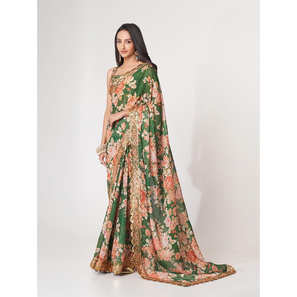 Odette Green Printed Organza Saree for Women with Unstitched Blouse