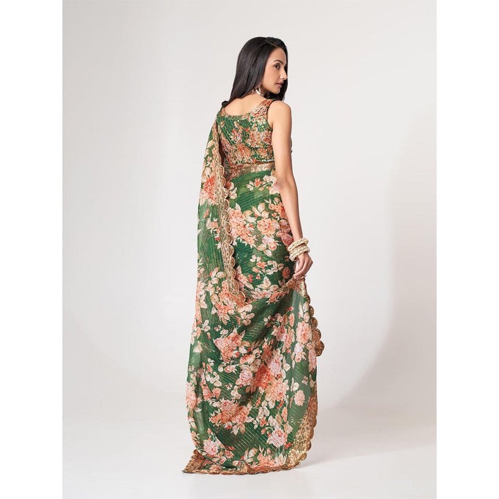 Odette Green Printed Organza Saree for Women with Unstitched Blouse