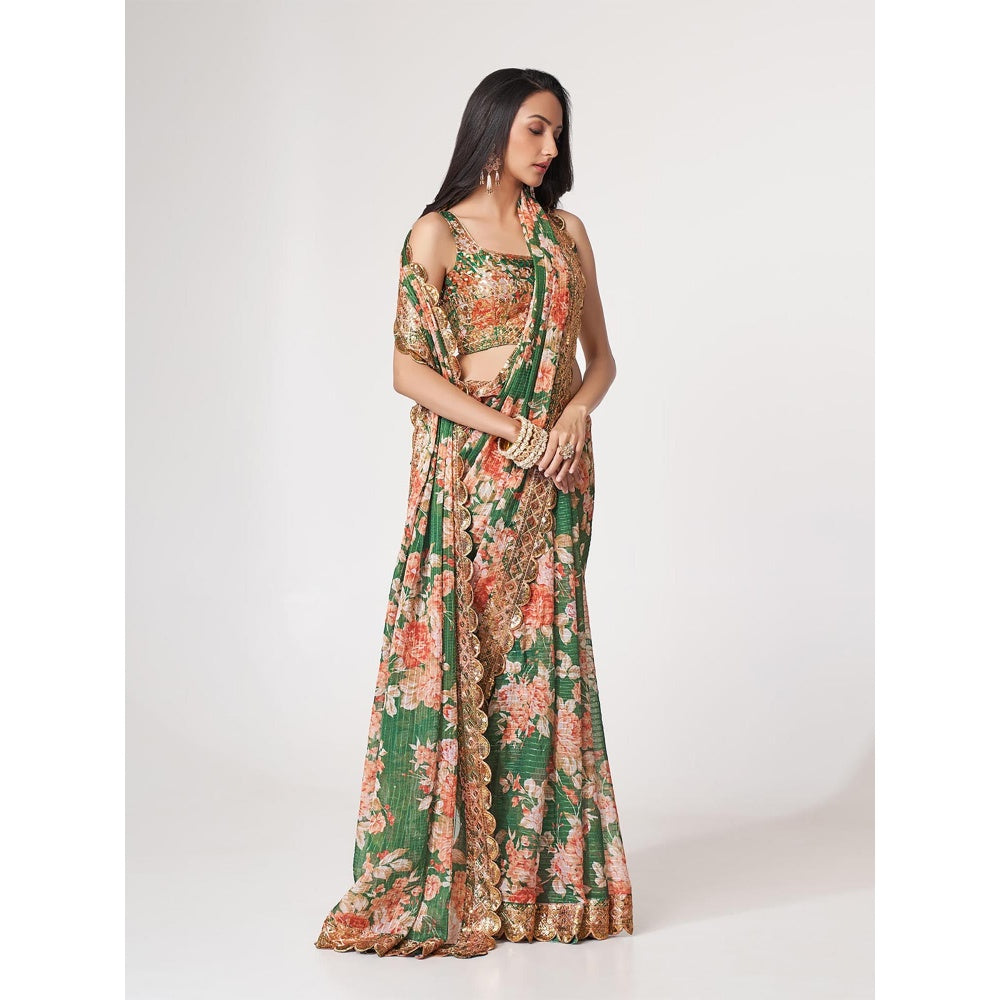 Odette Green Printed Organza Saree for Women with Unstitched Blouse