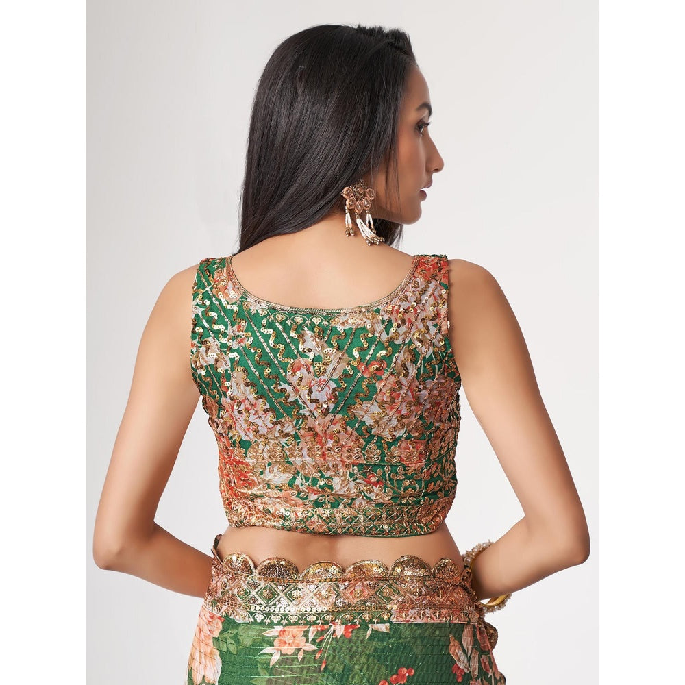 Odette Green Printed Organza Saree for Women with Unstitched Blouse