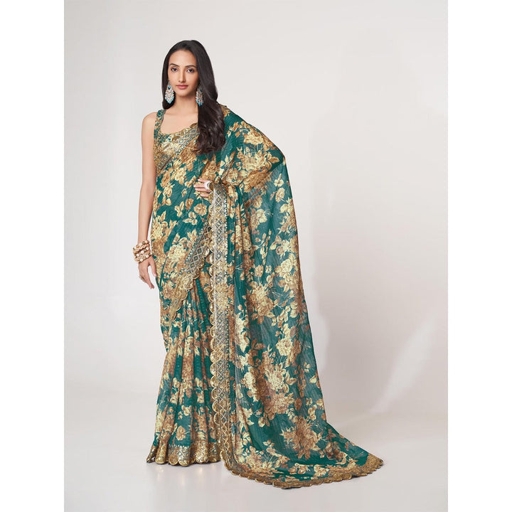 Odette Teal Printed Organza Saree for Women with Unstitched Blouse